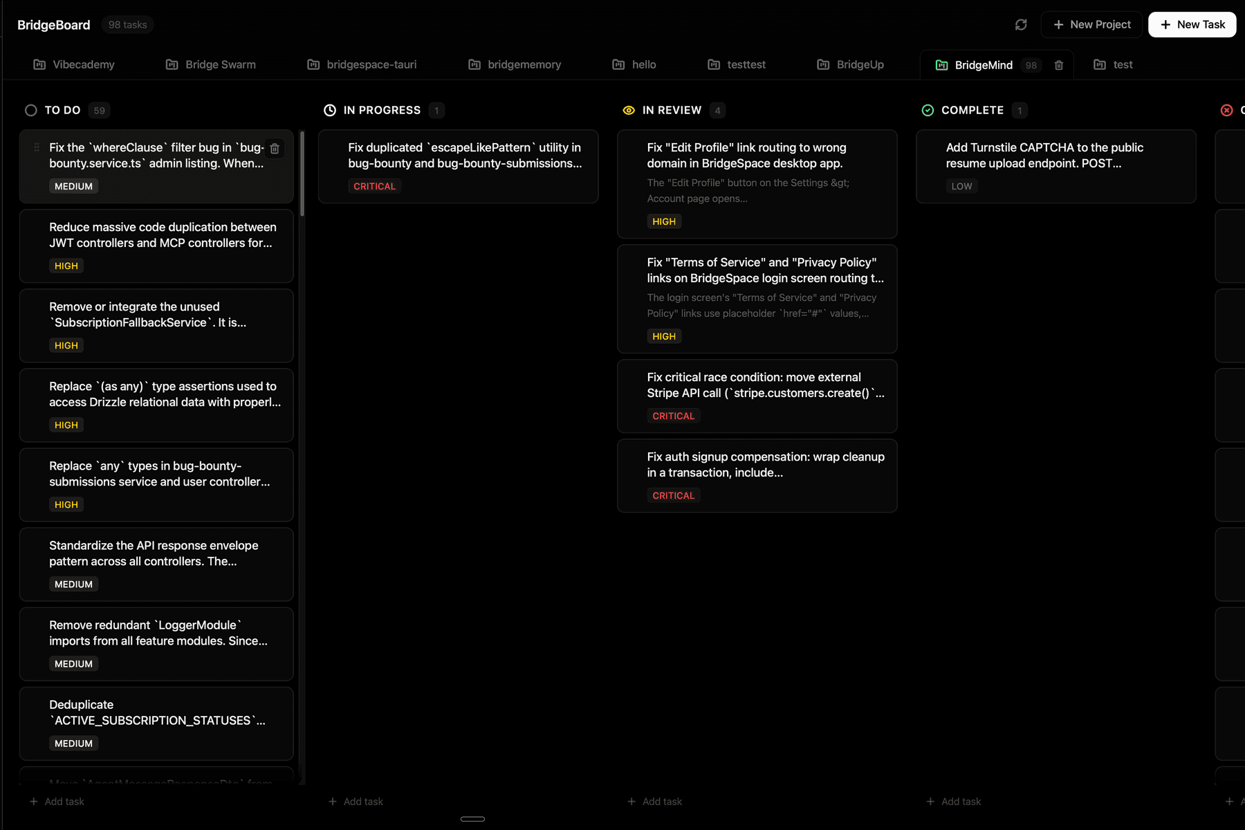 BridgeBoard kanban of agent-routed tasks moving through review gates.