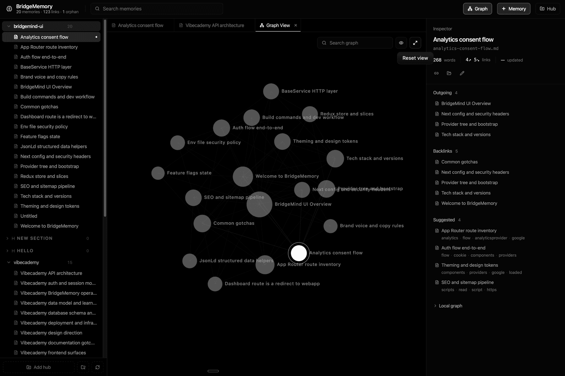 BridgeMemory knowledge graph linking specs, diffs, and architectural decisions.