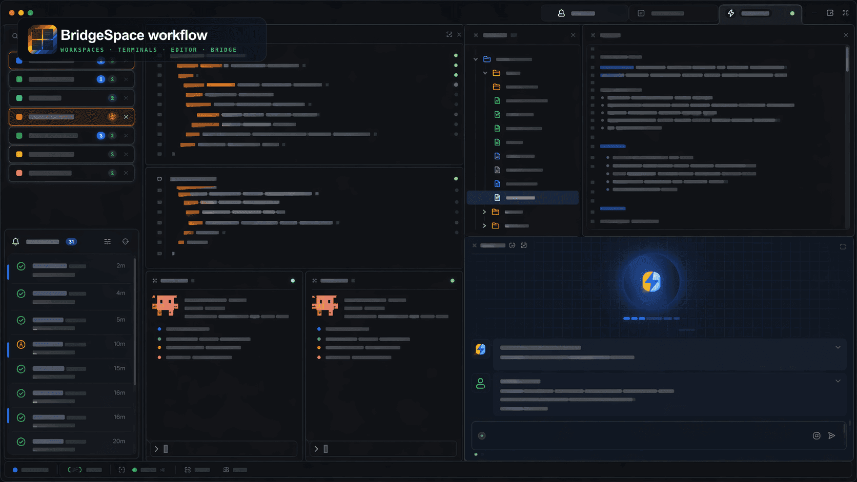 BridgeSpace workflow map: agent-coordinated tasks across spec, build, and review states.