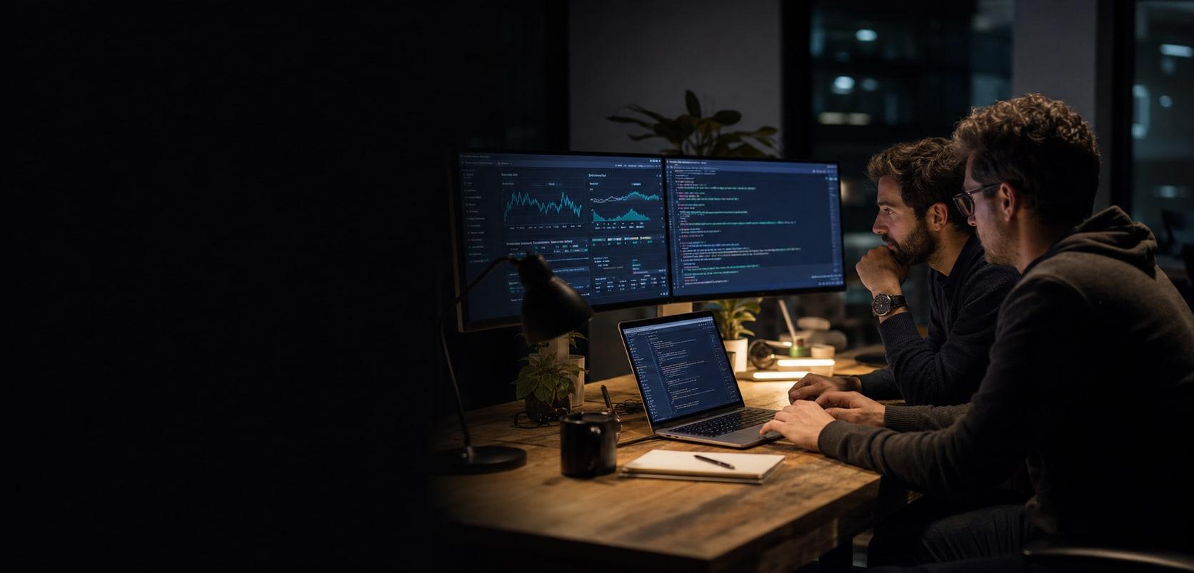 Product builders reviewing production metrics and code across multiple computer screens