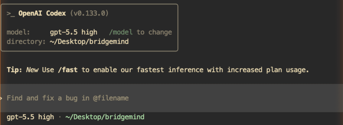 OpenAI Codex panel detail showing a high-effort model session inside the BridgeMind workspace.