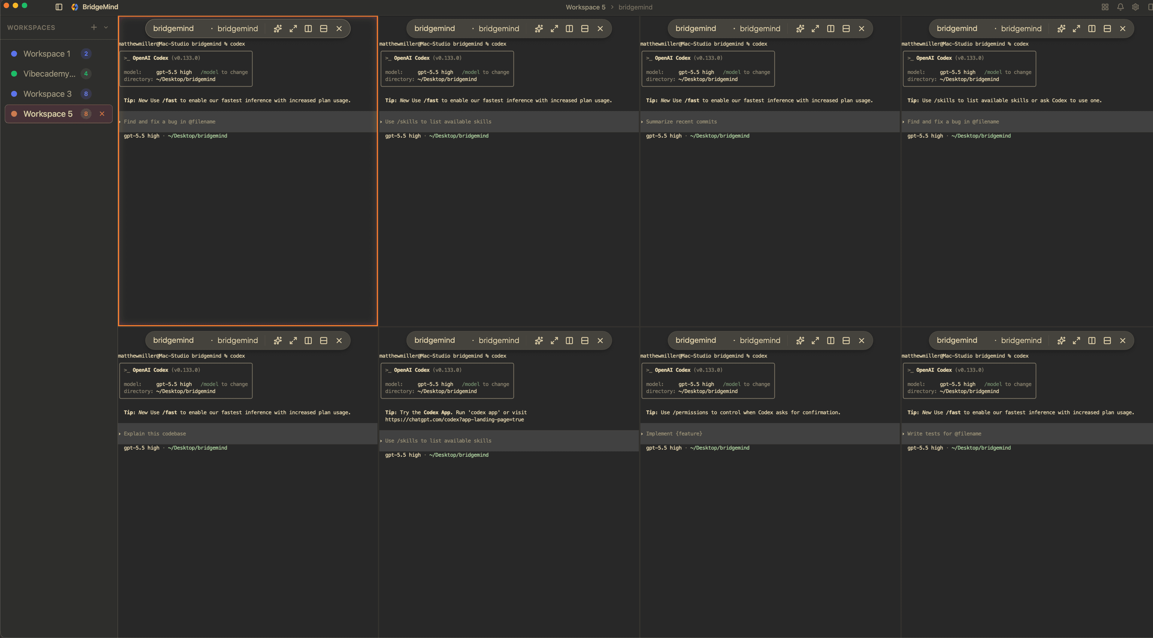 Codex workspace grid showing parallel agent panes used while building BridgeMind.
