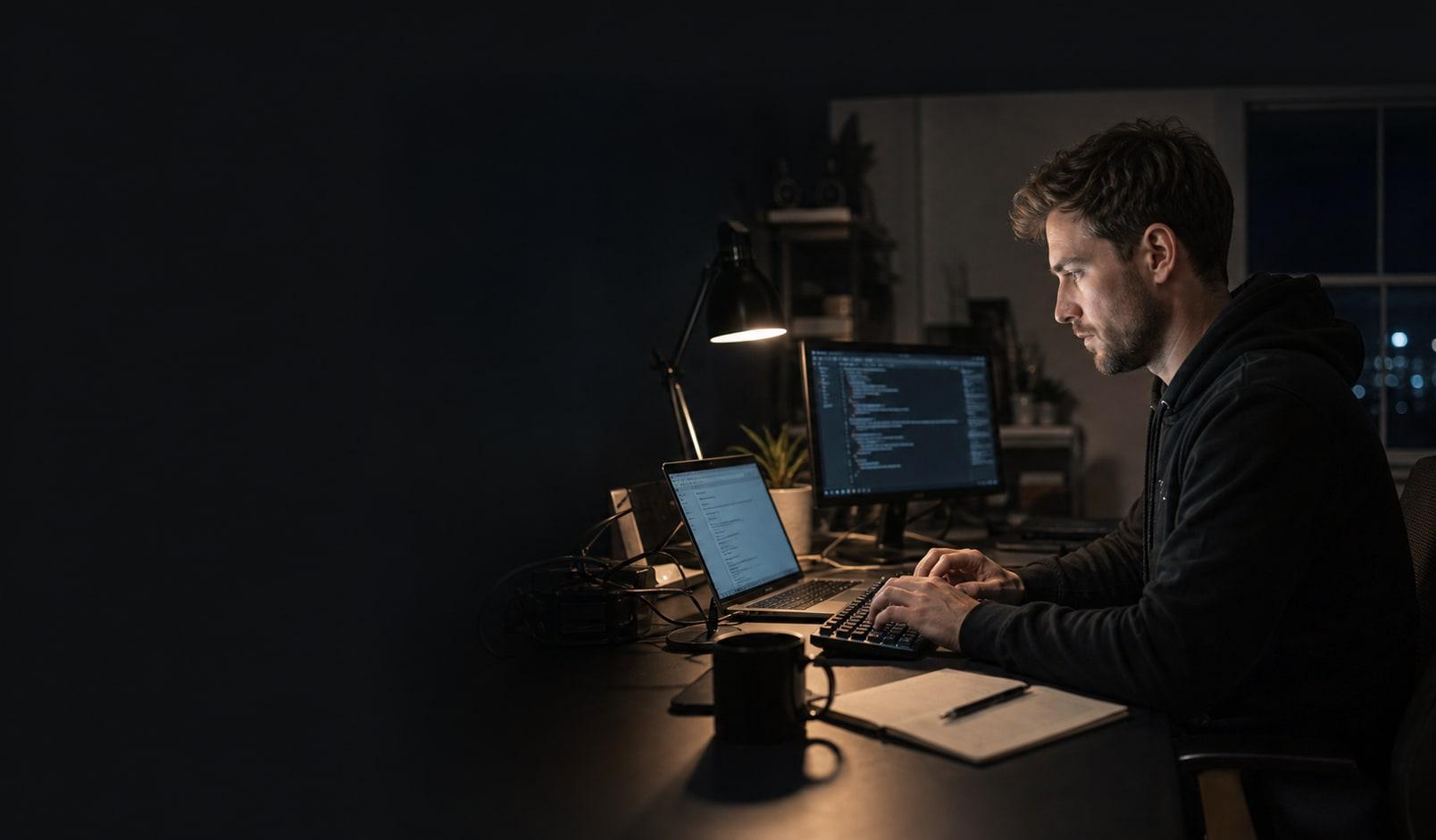 Builder driving the Codex CLI from a terminal session at a darkened desk.